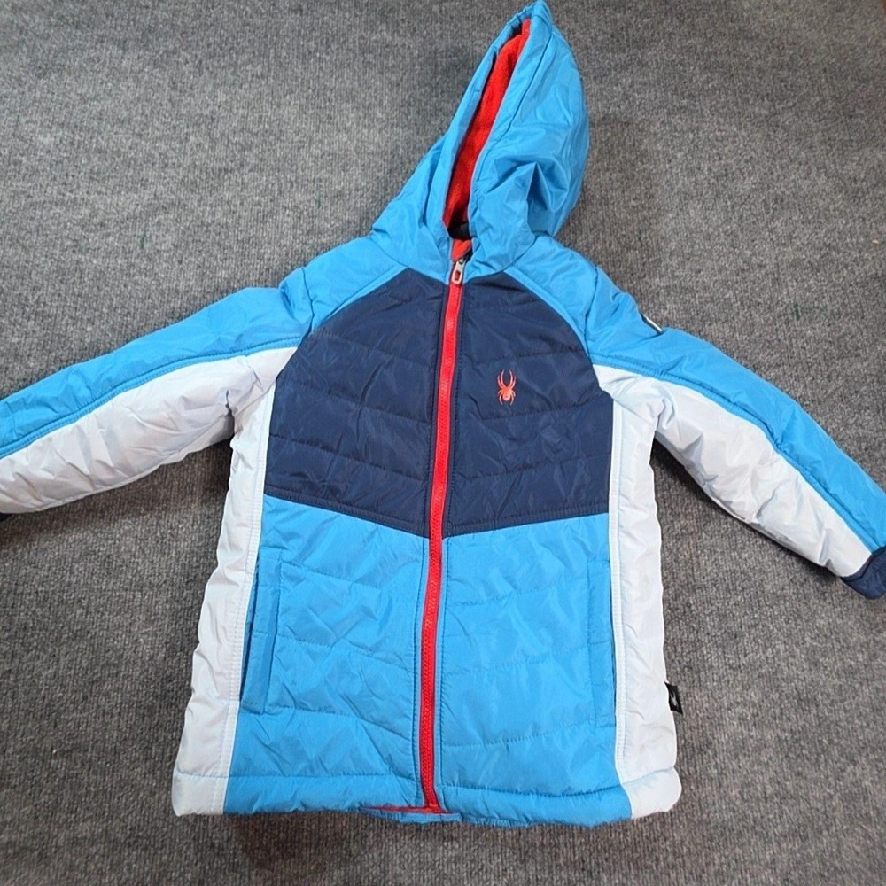 Spyder Jacket Kids 5 Blue Colorblock Hooded Fleece Lined Zip Ski Winter Warm